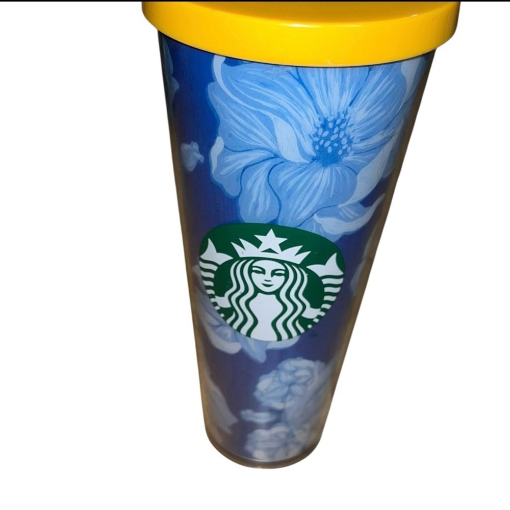 Rare Starbucks Desert Floral Cactus Blue flowers 24 fl oz tumbler cup yellow lid - Picture 3 of 5